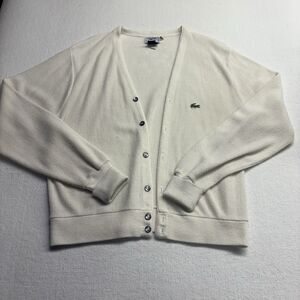 Vintage Izod Lacoste Sweater Mens M Ivory Acrylic Knit V Neck Grandpa Cardigan